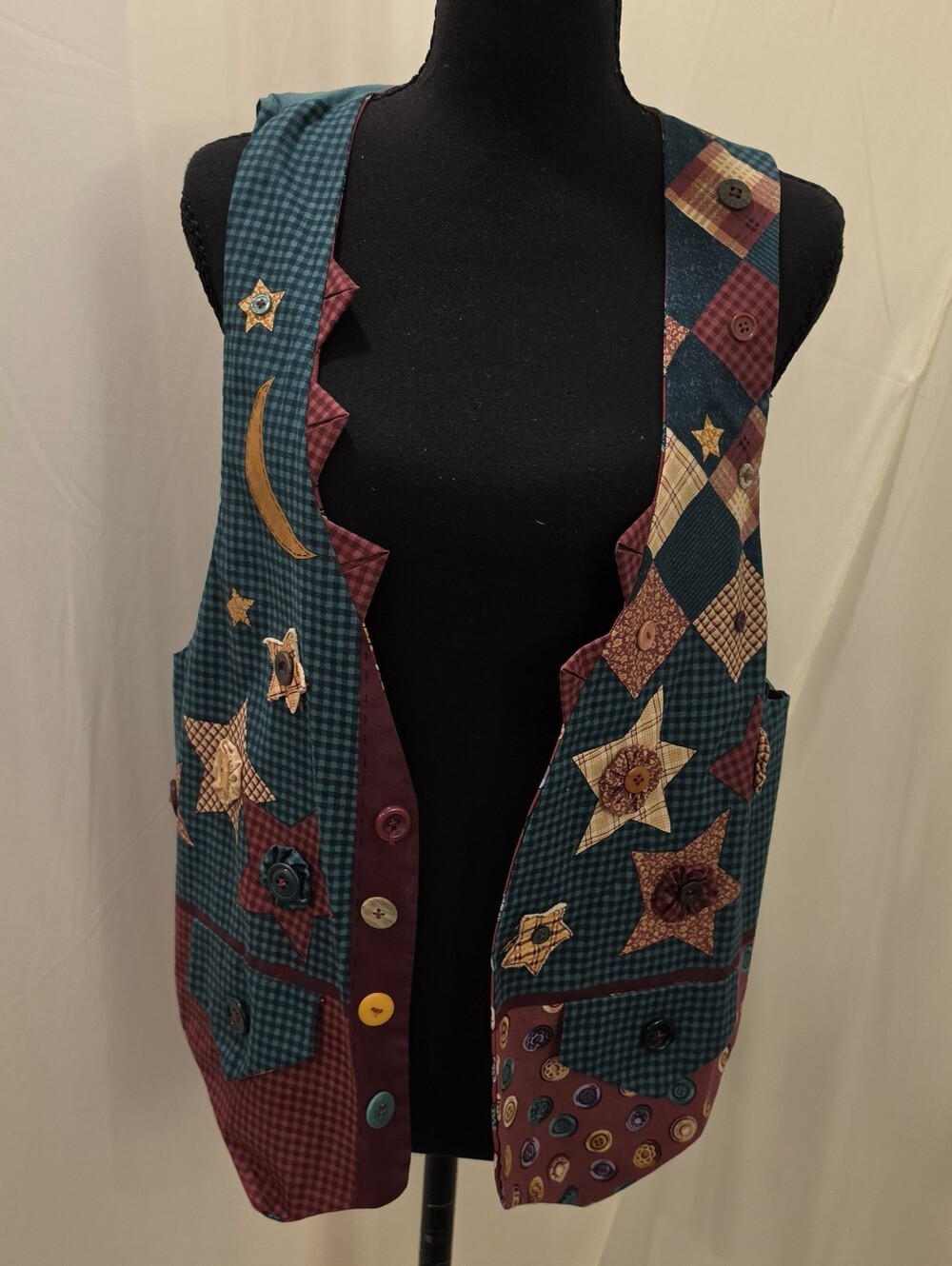 VTG Cranston Starry Night Celestial Patchwork Vest Moon Sun Folk Art Large